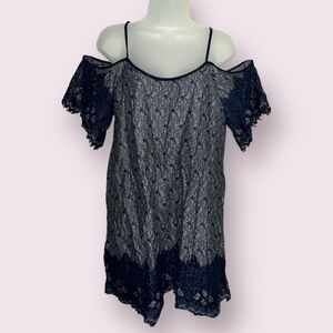Buttons Blue Lace Cold Shoulder Mini Dress Size M
